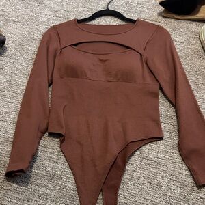Brown Long-Sleeve Ribbed Cutout Bodysuit - Women